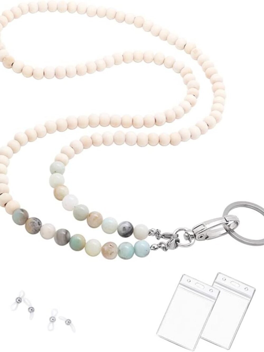 Lanyards for ID Badges, Beaded Wooden Natural Stone Lanyard for Keys Neck Lanyar